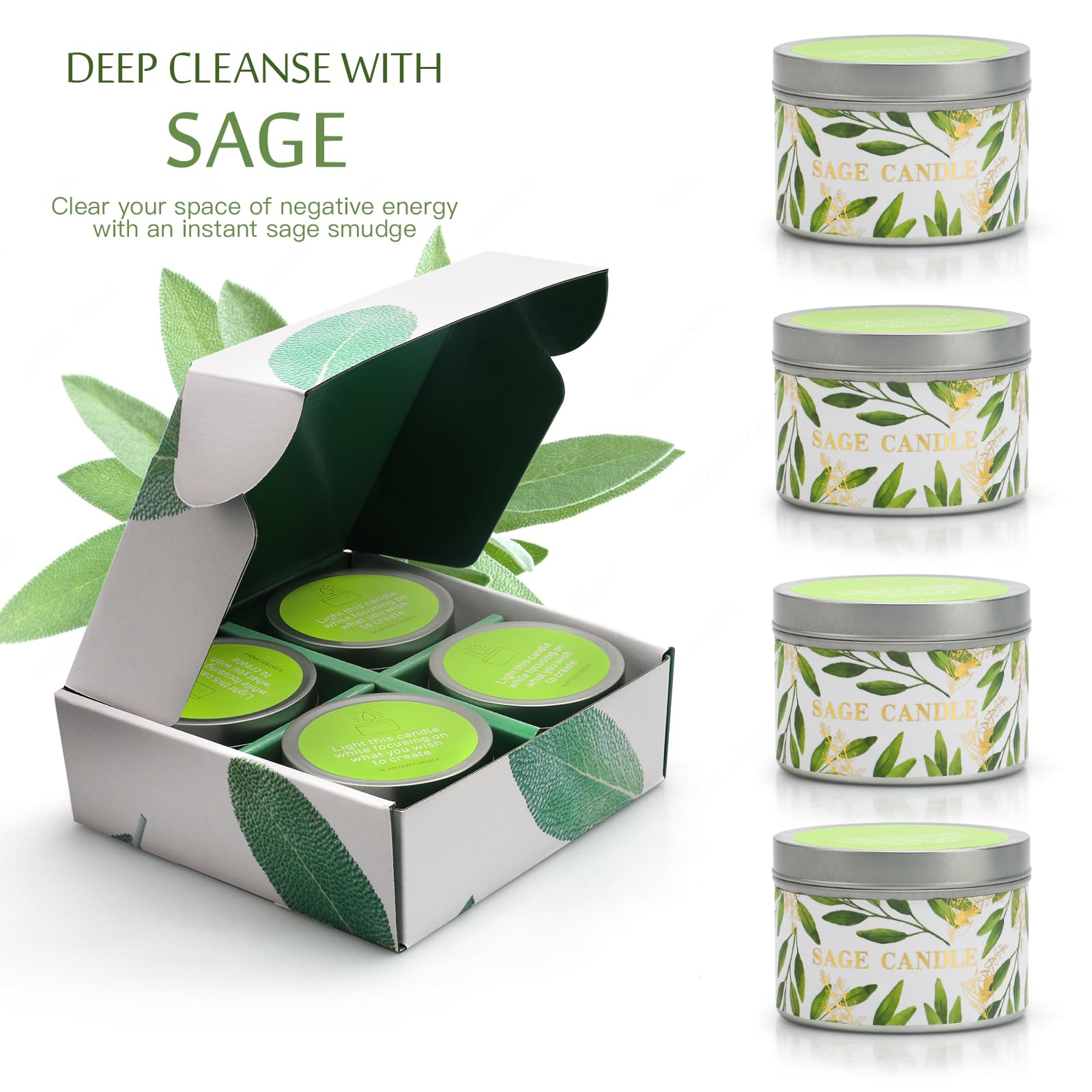 Soy wax sage candle close-up with natural wick