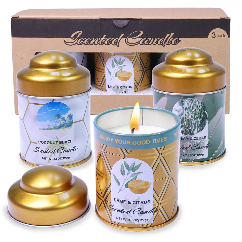 Sage & Citrus, Coconut Beach, and Balsam & Cedar 3-pack candles