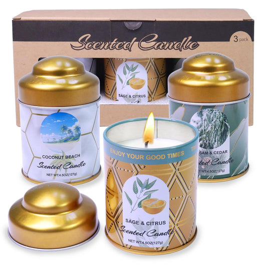 Sage & Citrus, Coconut Beach, and Balsam & Cedar 3-pack candles