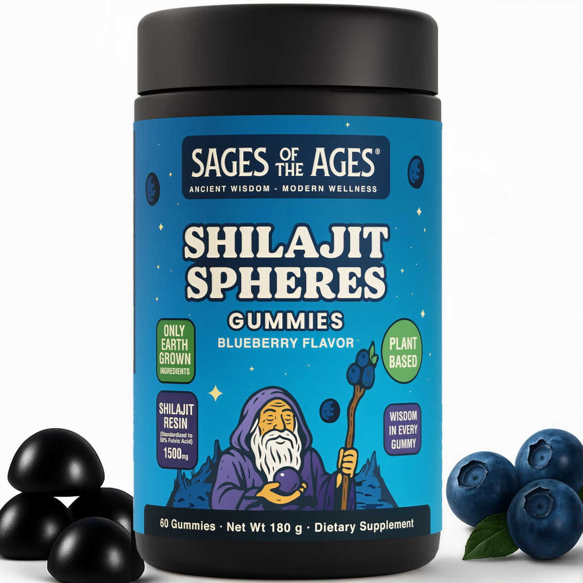 Bottle of Sages Of The Ages Shilajit Gummies with label visible