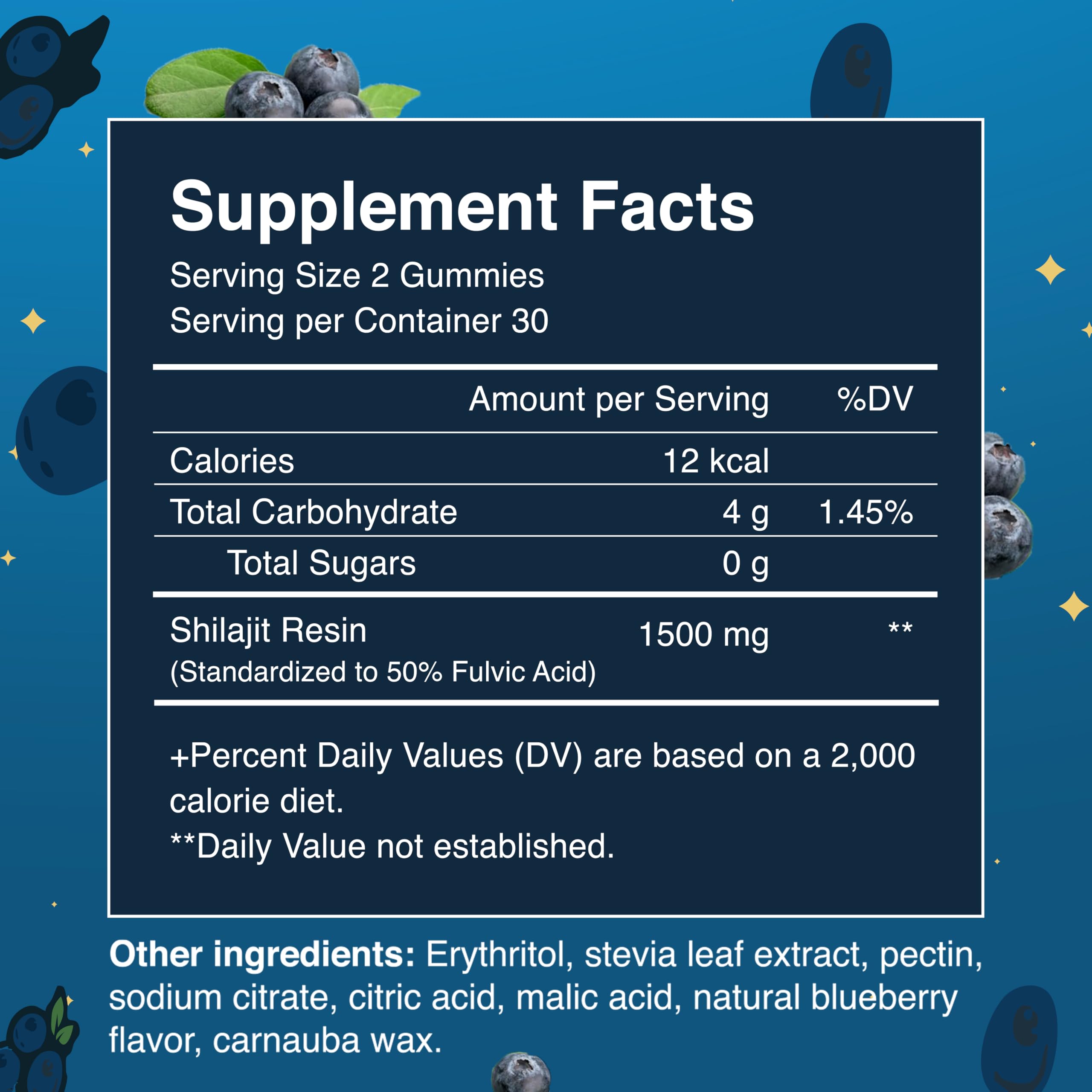 Two blueberry-flavored Shilajit gummies showing 1500 mg per 2-gummy serving