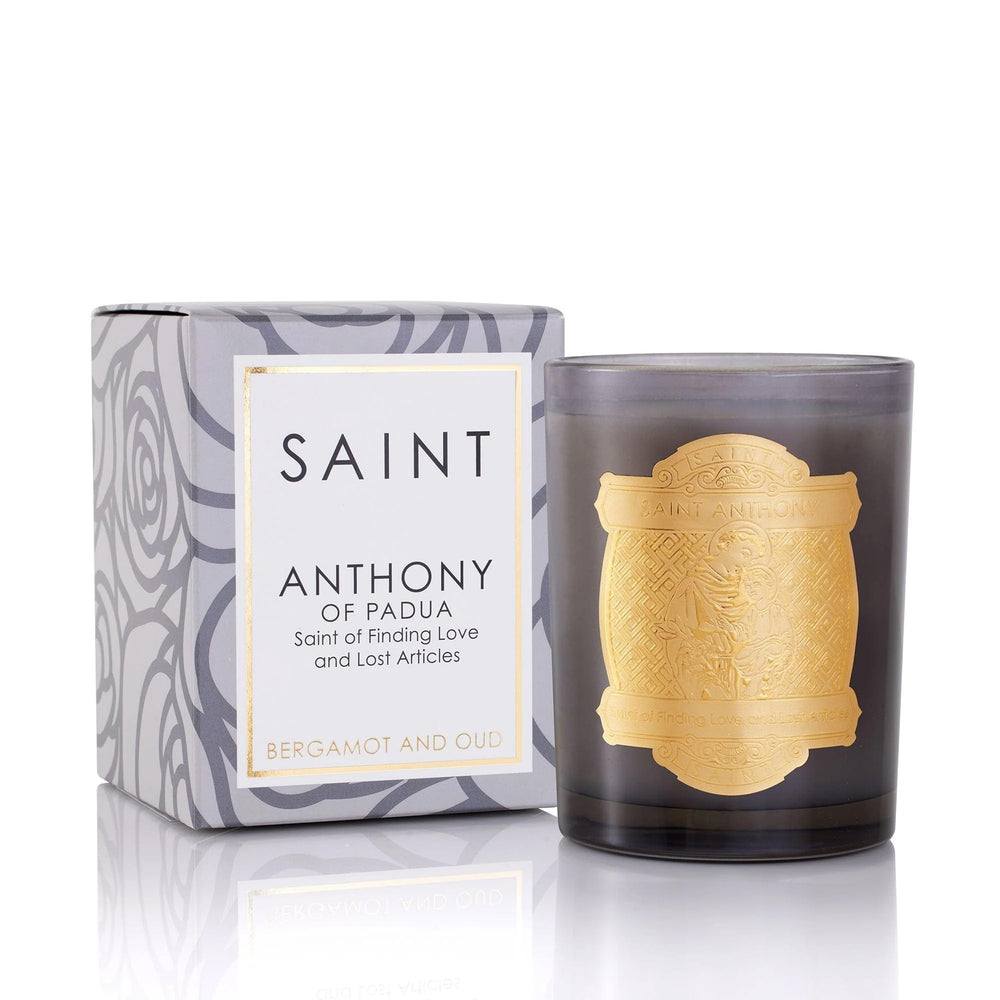 Saint Anthony of Padua scented candle with prayer coin embedded in soy coconut wax