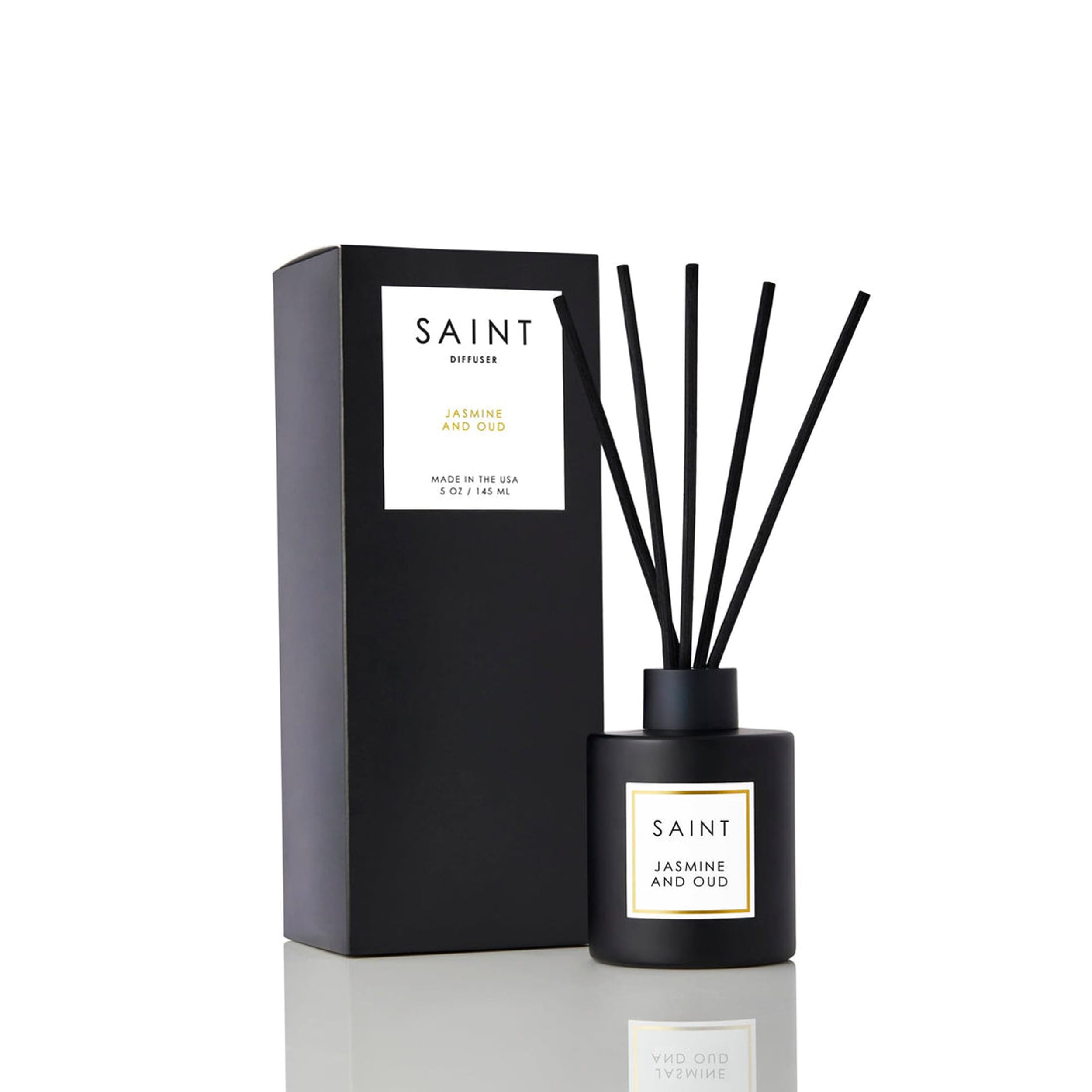 SAINT reed diffuser jar in matte black close-up delivering long-lasting aroma for modern spaces.