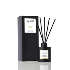 SAINT reed diffuser jar in matte black close-up delivering long-lasting aroma for modern spaces.