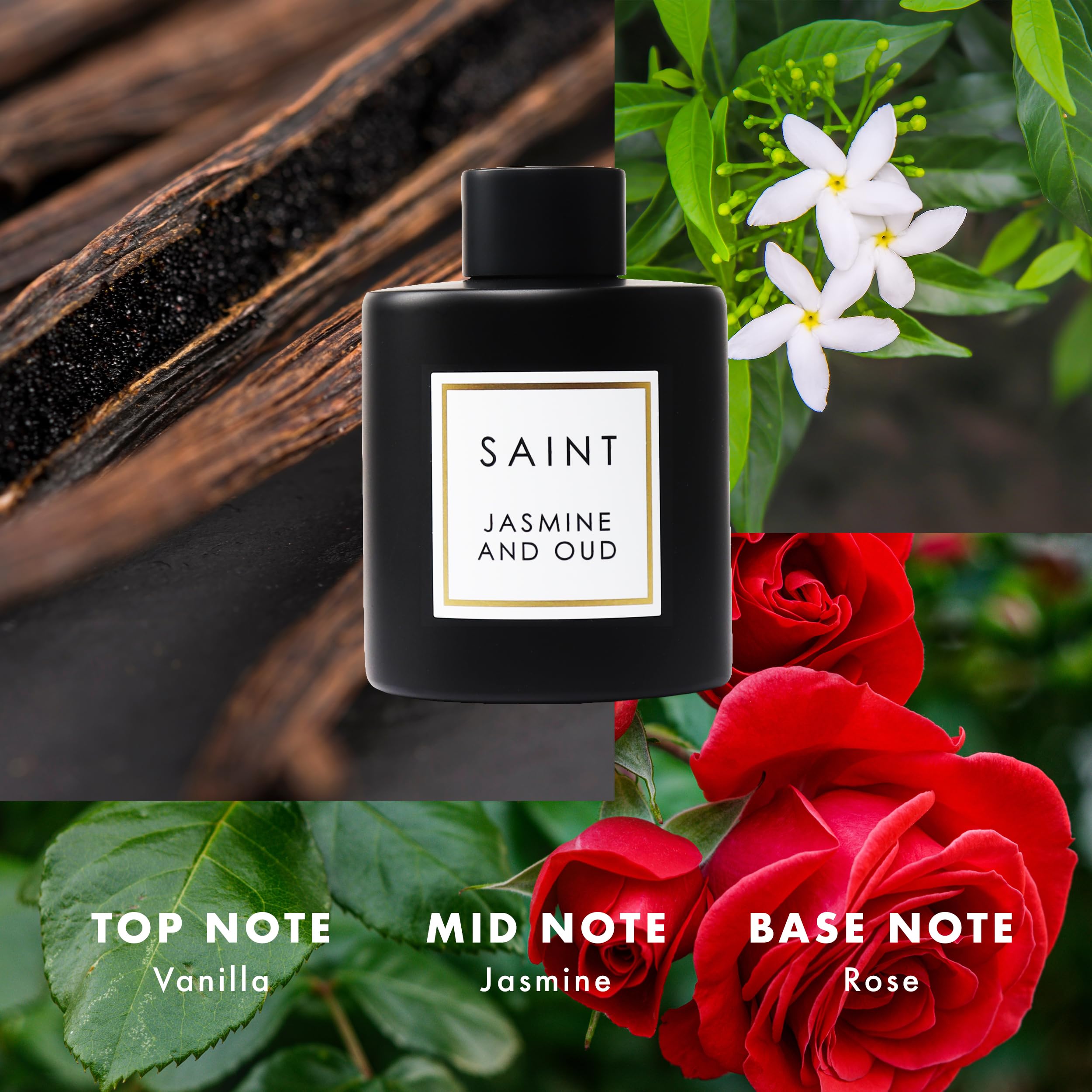 SAINT oil bottle shows 5oz size for consistent fragrance in any room.