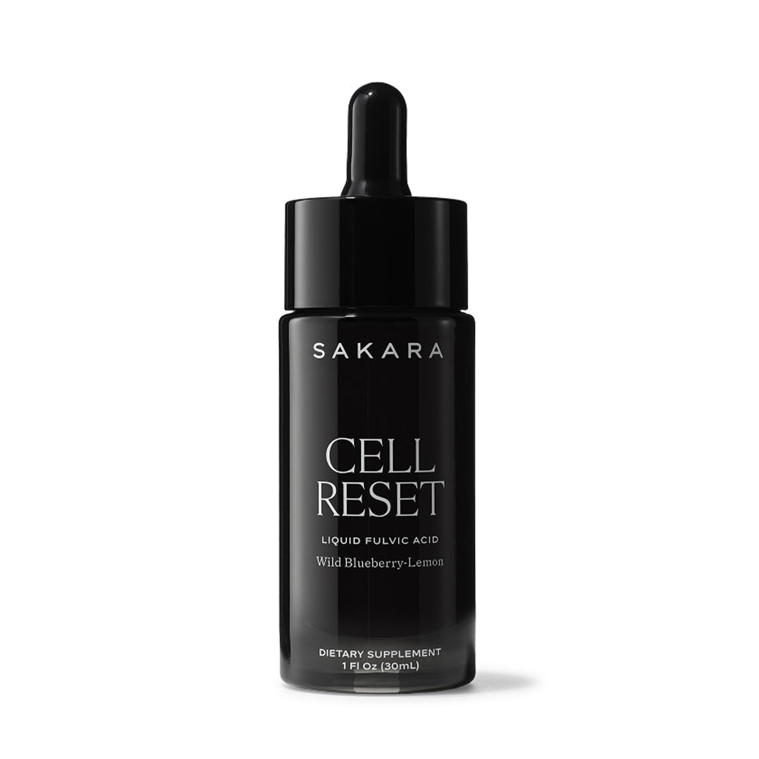 Front view of Sakara Cell Reset liquid fulvic acid bottle