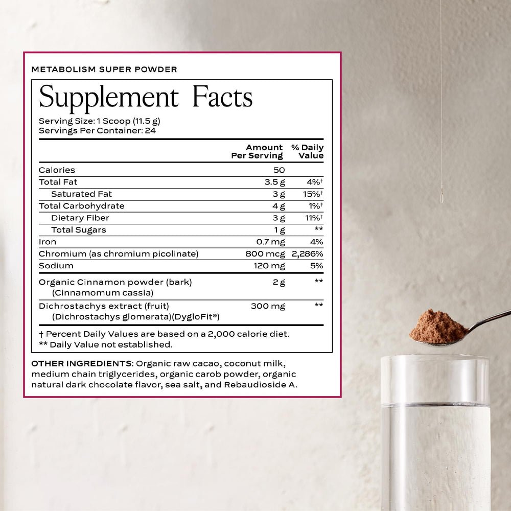 Close-up of Sakara Metabolism Super Powder packaging