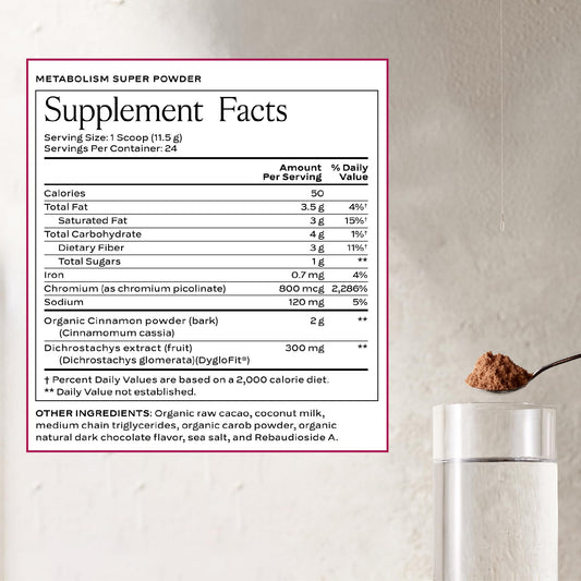 Close-up of Sakara Metabolism Super Powder packaging