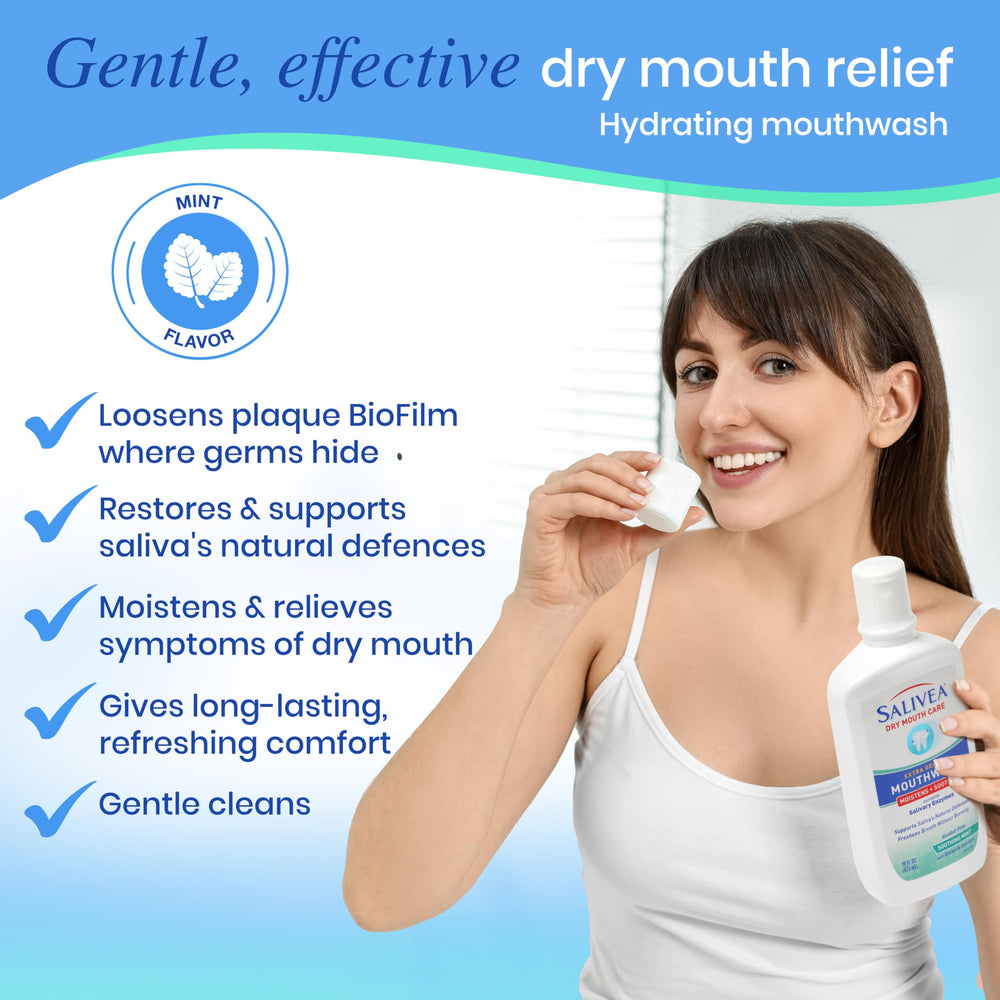 Close-up of SALIVEA mouthwash bottle showing mint flavor