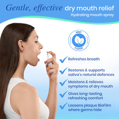 Close-up of SALIVEA Dry Mouth Spray nozzle with mint spray