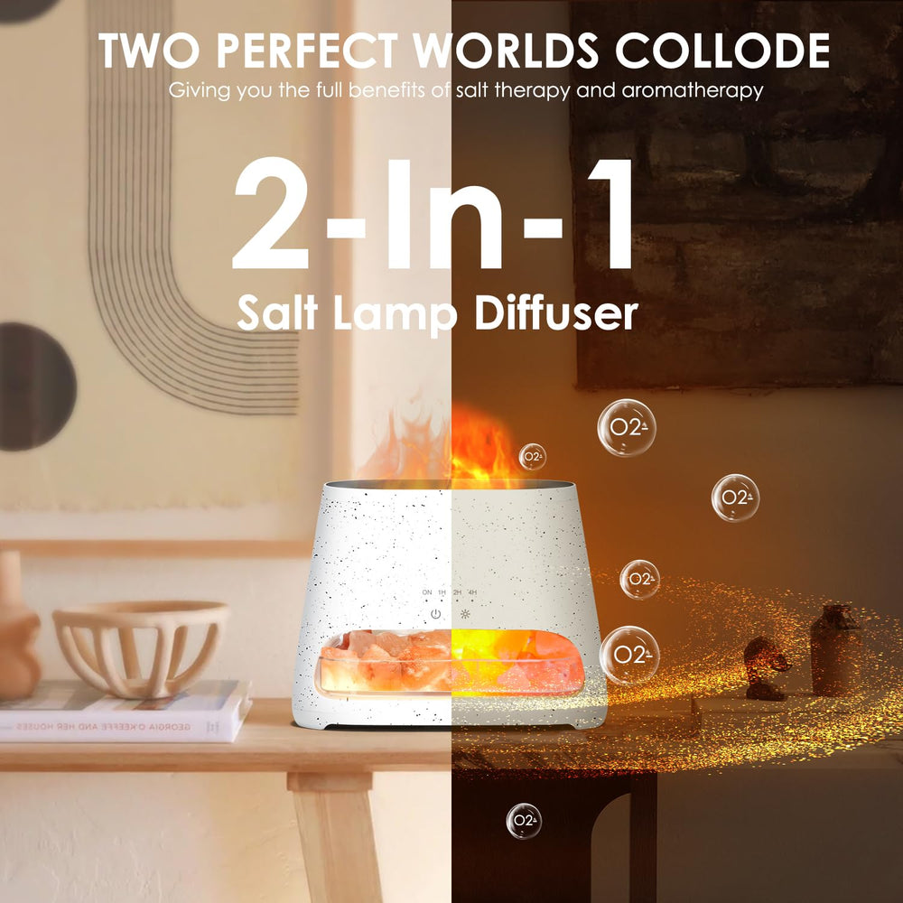 Salt lamp diffuser displaying flame-like LED effect