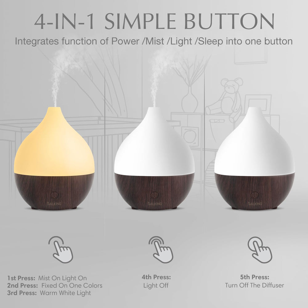 Diffuser night light showing warm white glow with multiple options