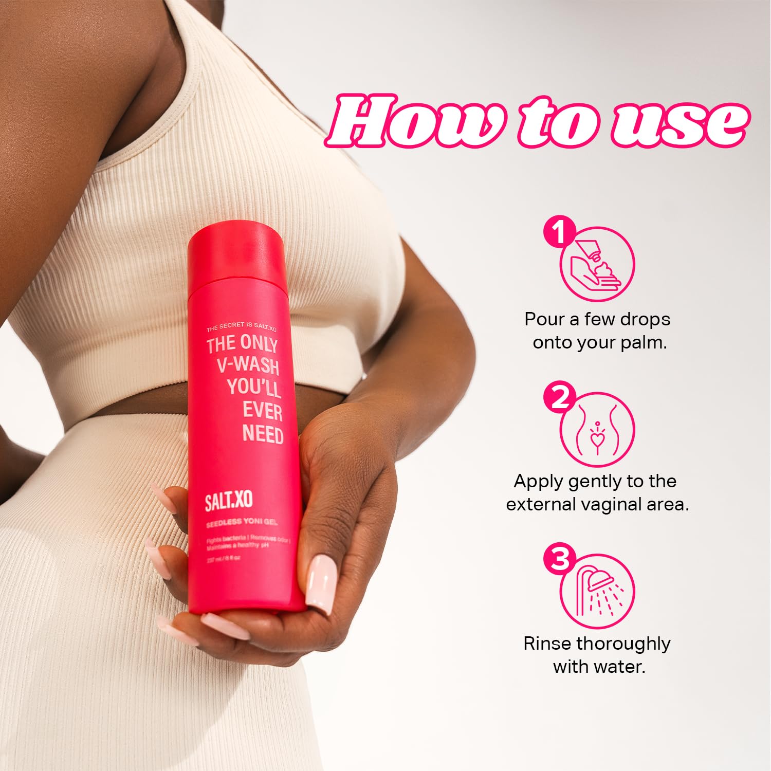 salt.xo Seedless Yoni Gel Wash sensitive-skin friendly formula in use