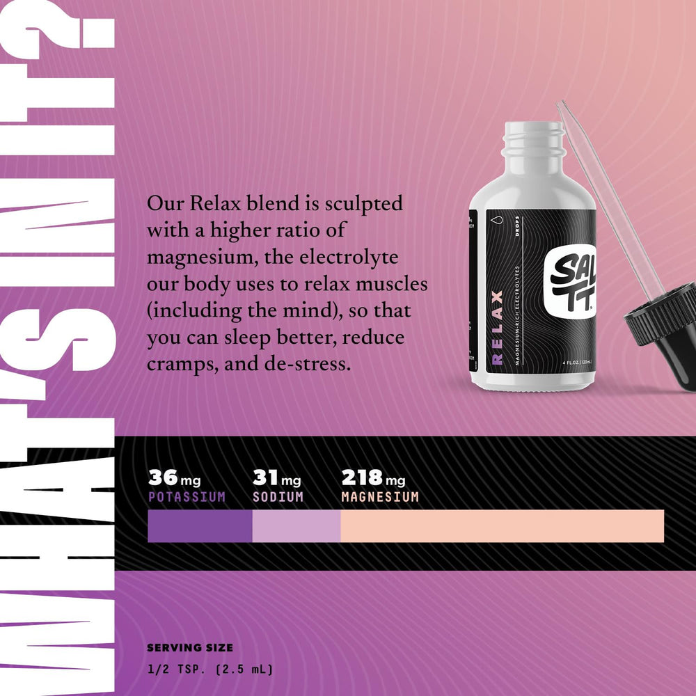 Close up of dropper dispensing SALTT Relax Magnesium Drops