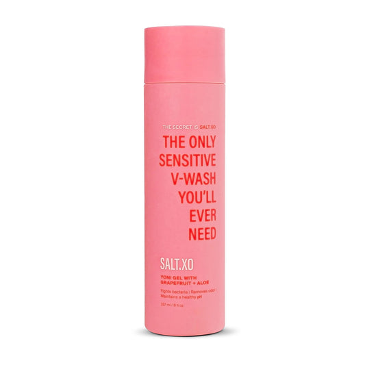 SALT.XO Grapefruit Yoni Wash bottle emphasizes gentle cleansing for sensitive skin