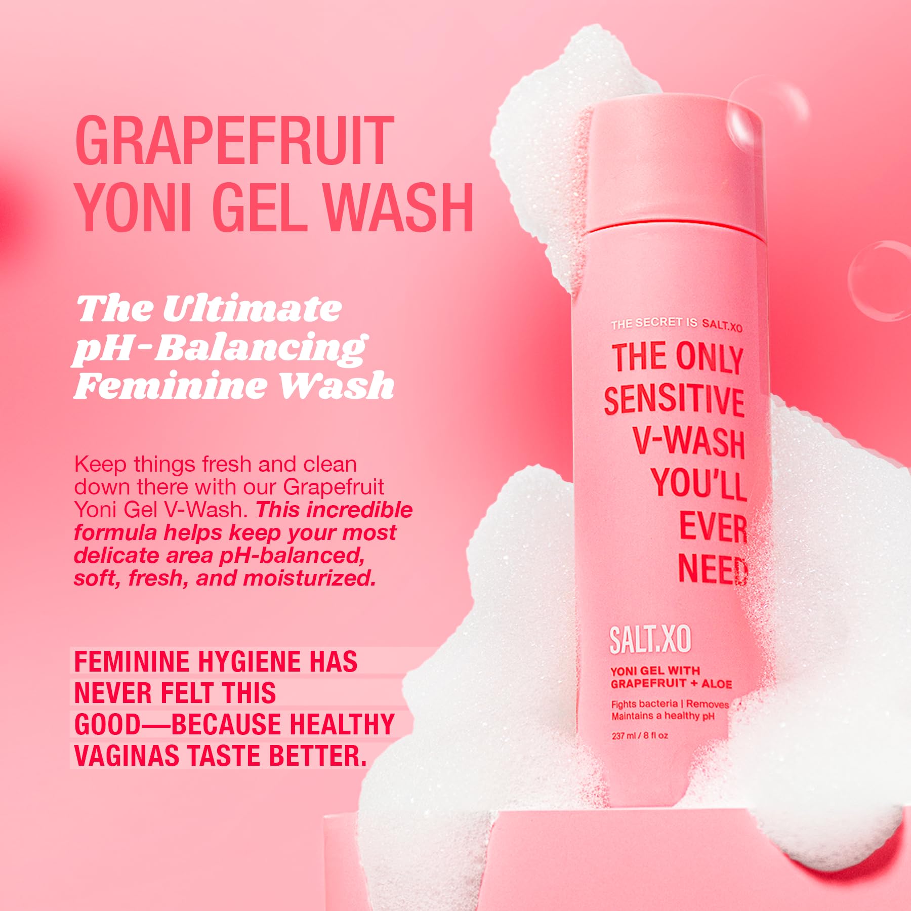 SALT.XO Grapefruit Yoni Wash label highlights pH balanced formula for daily intimate care