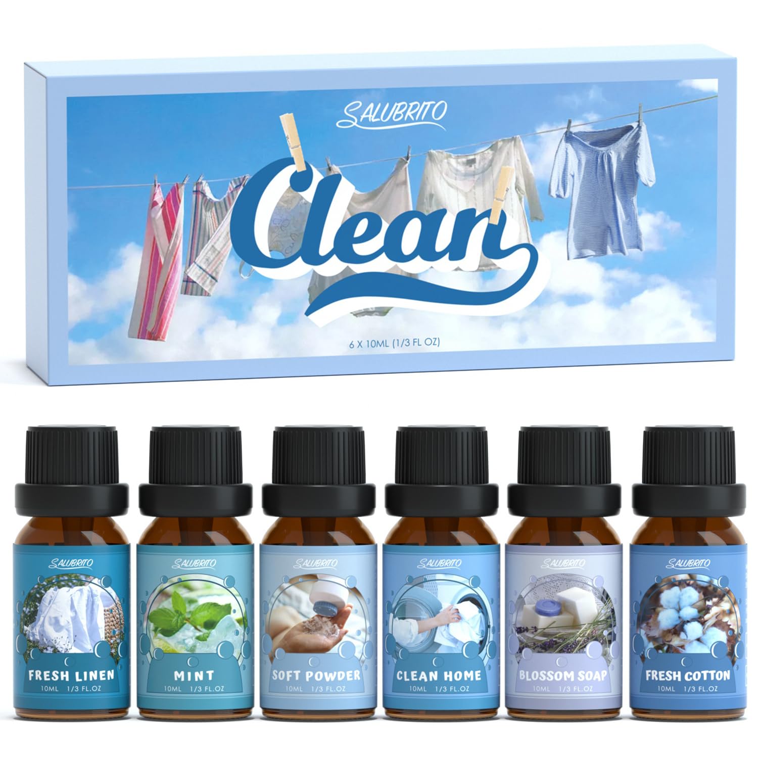SALUBRITO Clean Fragrance Oils 6x10ml set with cotton, linen, blossom soap and mint scents