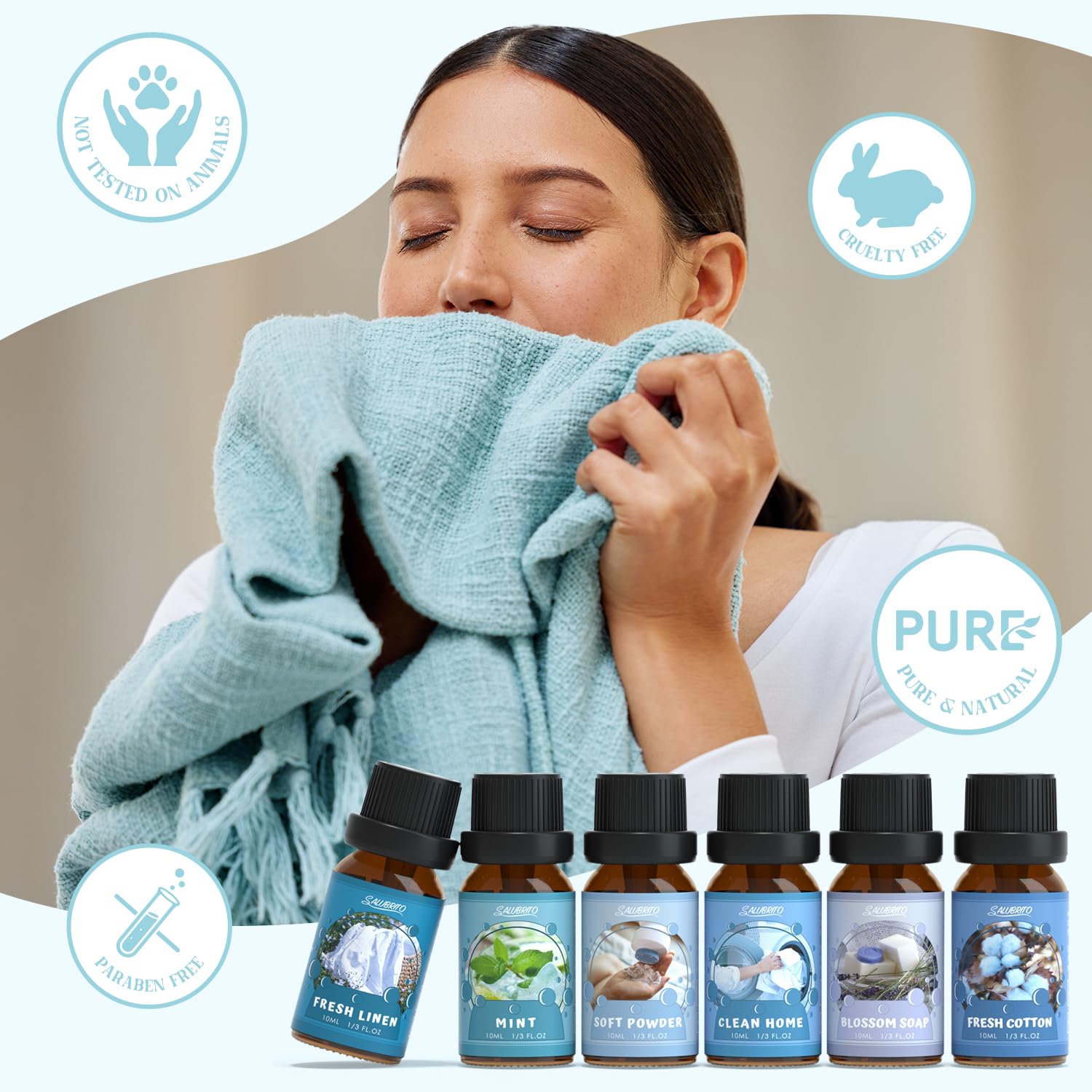 Close-up of SALUBRITO 6x10ml fragrance oil bottles in gift set