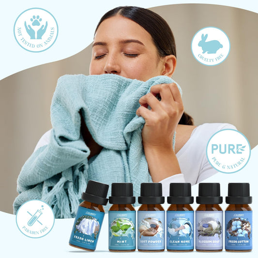 Close-up of SALUBRITO 6x10ml fragrance oil bottles in gift set