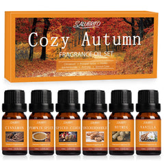 Salubrito Fall Fragrance Oils Set 6x10ml featuring Cinnamon, Pumpkin Spice, Spiced Cider, Snickerdoodle, Nutmeg, and Vanilla