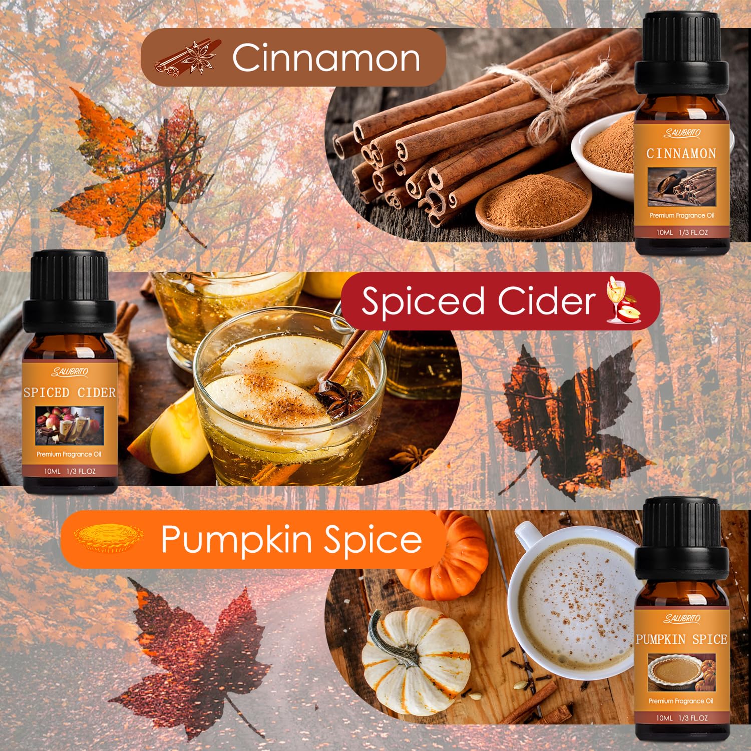 Close-up of Cinnamon scented oil from SALUBRITO Fall Fragrance Oils Set