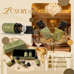 Unpacked seven-piece fragrance oil set with premium packaging