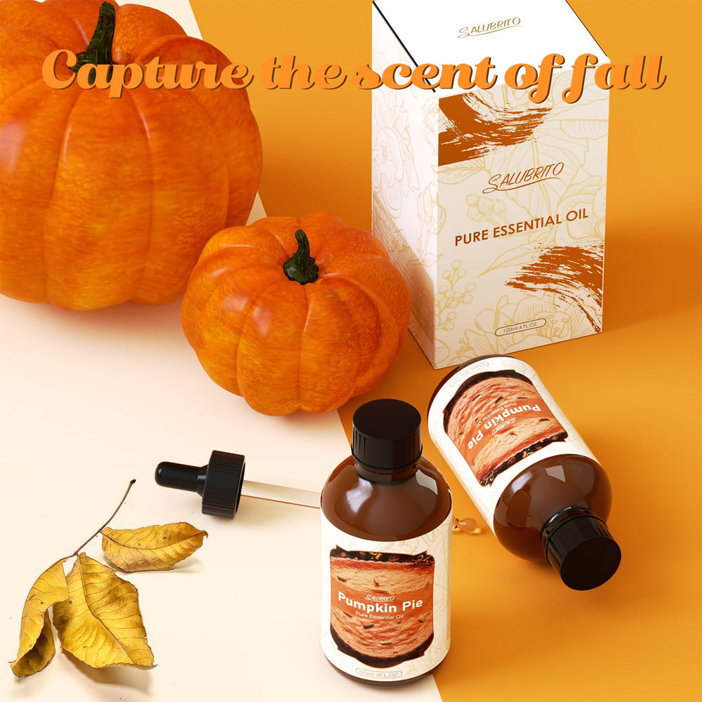 Pumpkin Pie Essential Oil bottle with dropper on autumn background