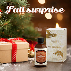 Flat lay of Pumpkin Pie Essential Oil with cinnamon sticks and fall leaves