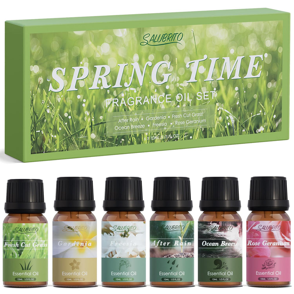 SALUBRITO Spring Fragrance Oils Set – amber glass bottle front view