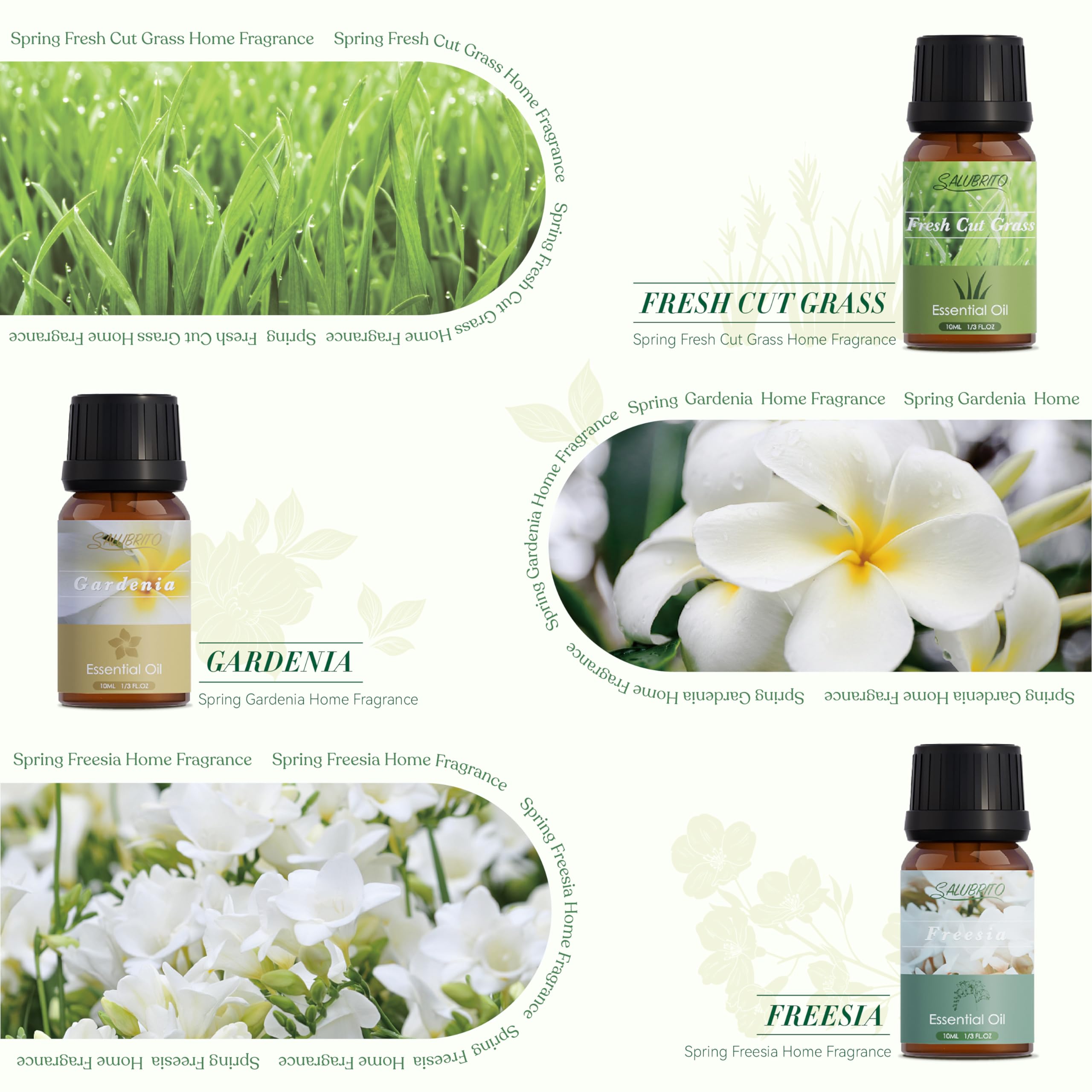 Assorted SALUBRITO spring fragrance oils featuring Gardenia, Freesia and Rose Geranium