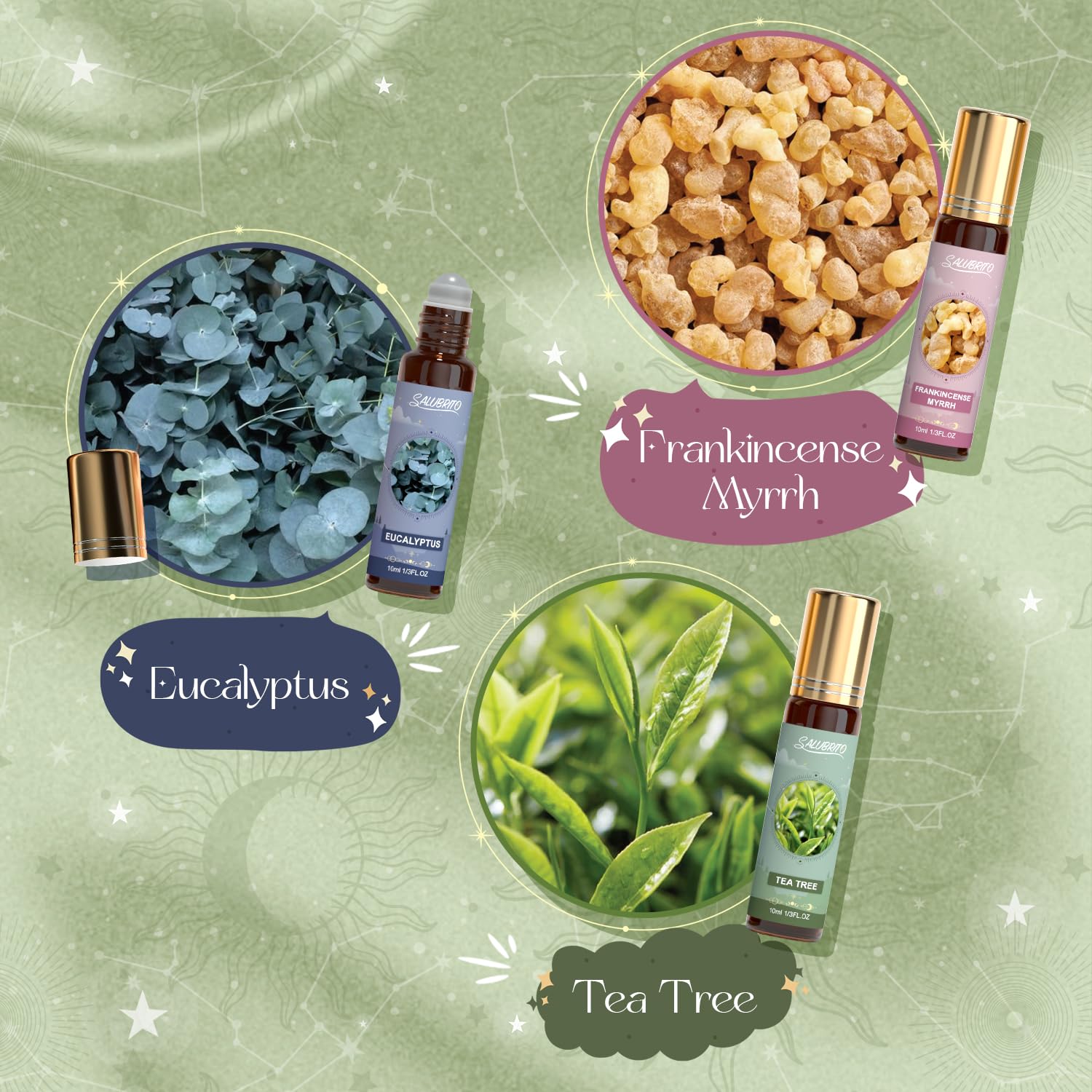 Frankincense and myrrh essential oil bottles