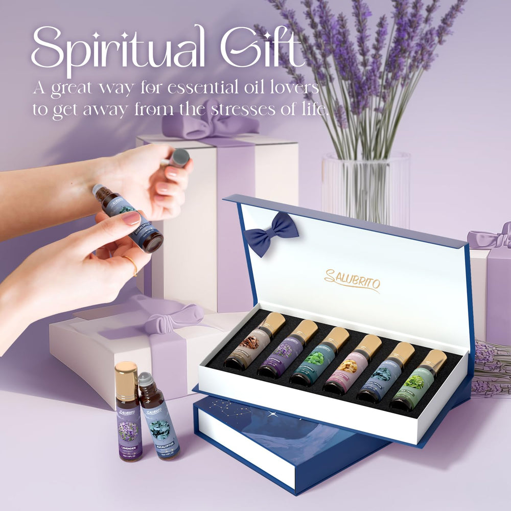 Gift-ready SALUBRITO essential oil roll-on set presentation