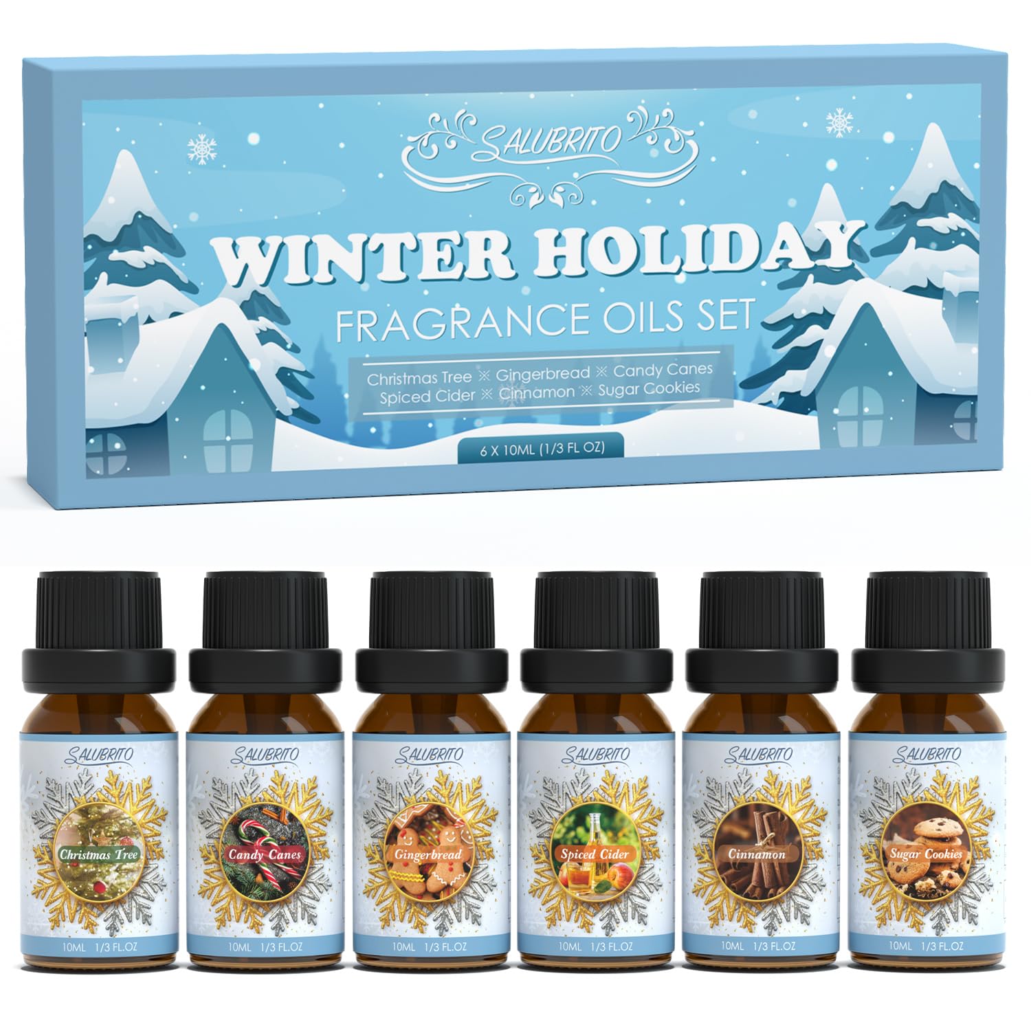 SALUBRITO Winter Fragrance Oils Set with Christmas Tree scent (6x10ml bottles)