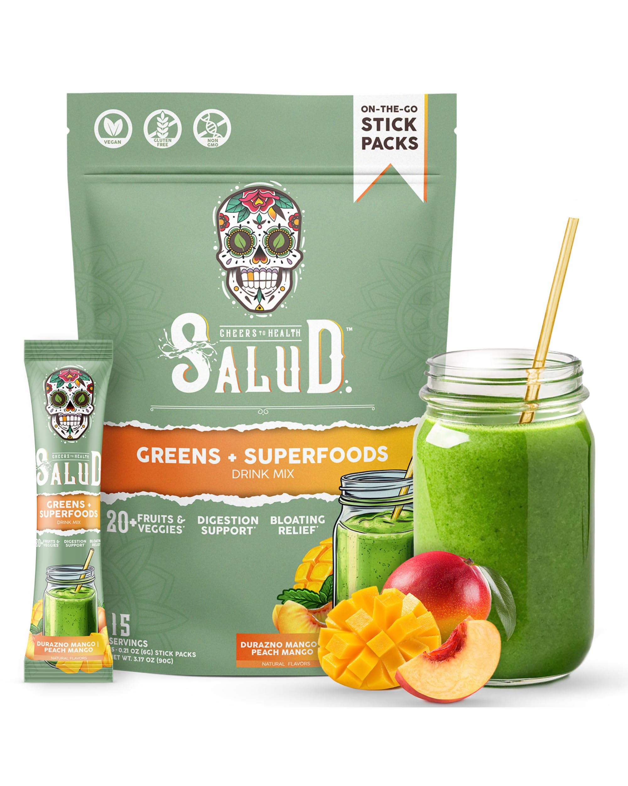 Salud 2-in-1 Greens Powder and Superfood Drink Mix Peach Mango package and sachet