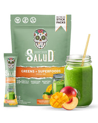 Salud 2-in-1 Greens Powder and Superfood Drink Mix Peach Mango package and sachet