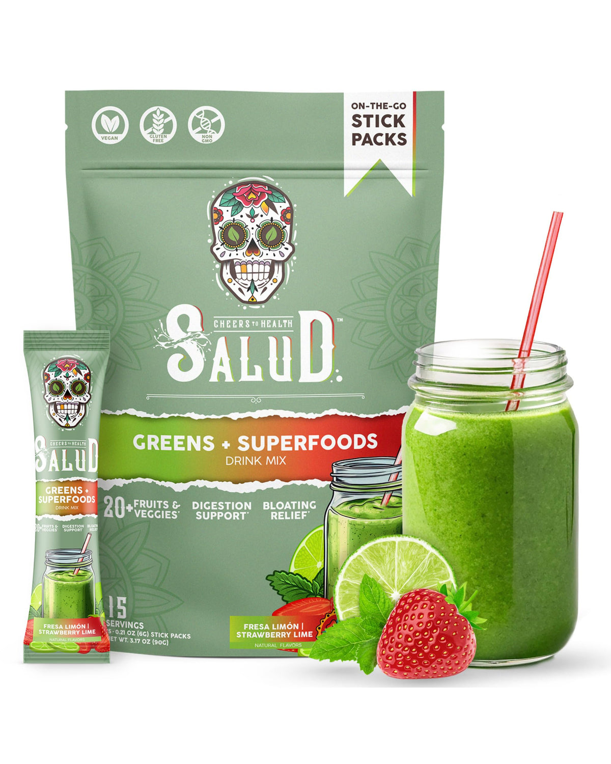 Salud 2-in-1 Greens Powder packaging featuring Strawberry Lime flavor, 15 servings