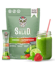 Salud 2-in-1 Greens Powder packaging featuring Strawberry Lime flavor, 15 servings