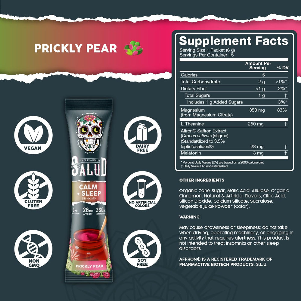Glass of Salud Calm & Sleep drink prepared with Prickly Pear flavor
