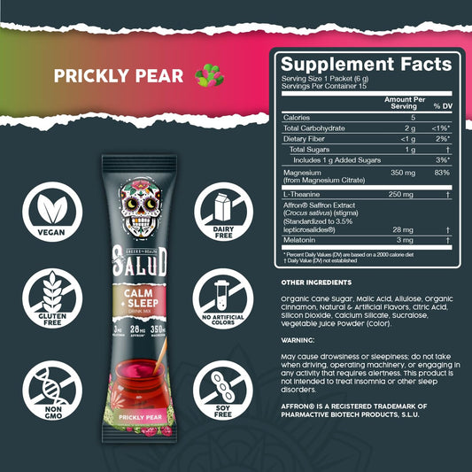 Glass of Salud Calm & Sleep drink prepared with Prickly Pear flavor