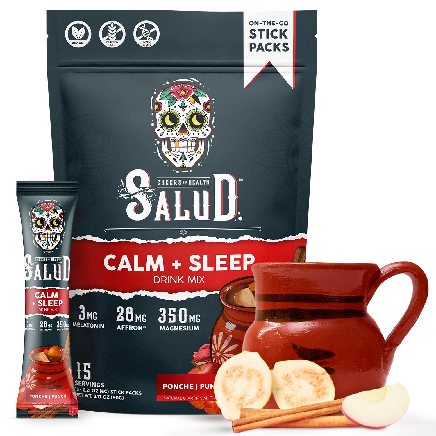 Salud 2-in-1 Sleep Aid + Calm Drink Mix Ponche flavor sachet beside a glass of water