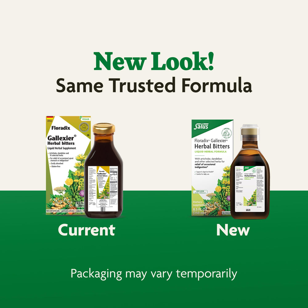 Vegan, non-GMO and alcohol-free icons on Floradix Gallexier packaging.