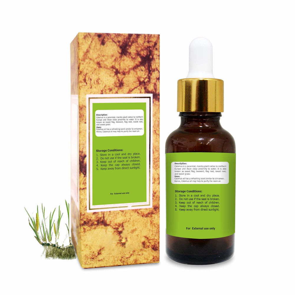 Close-up of Salvia Calamus essential oil in amber bottle