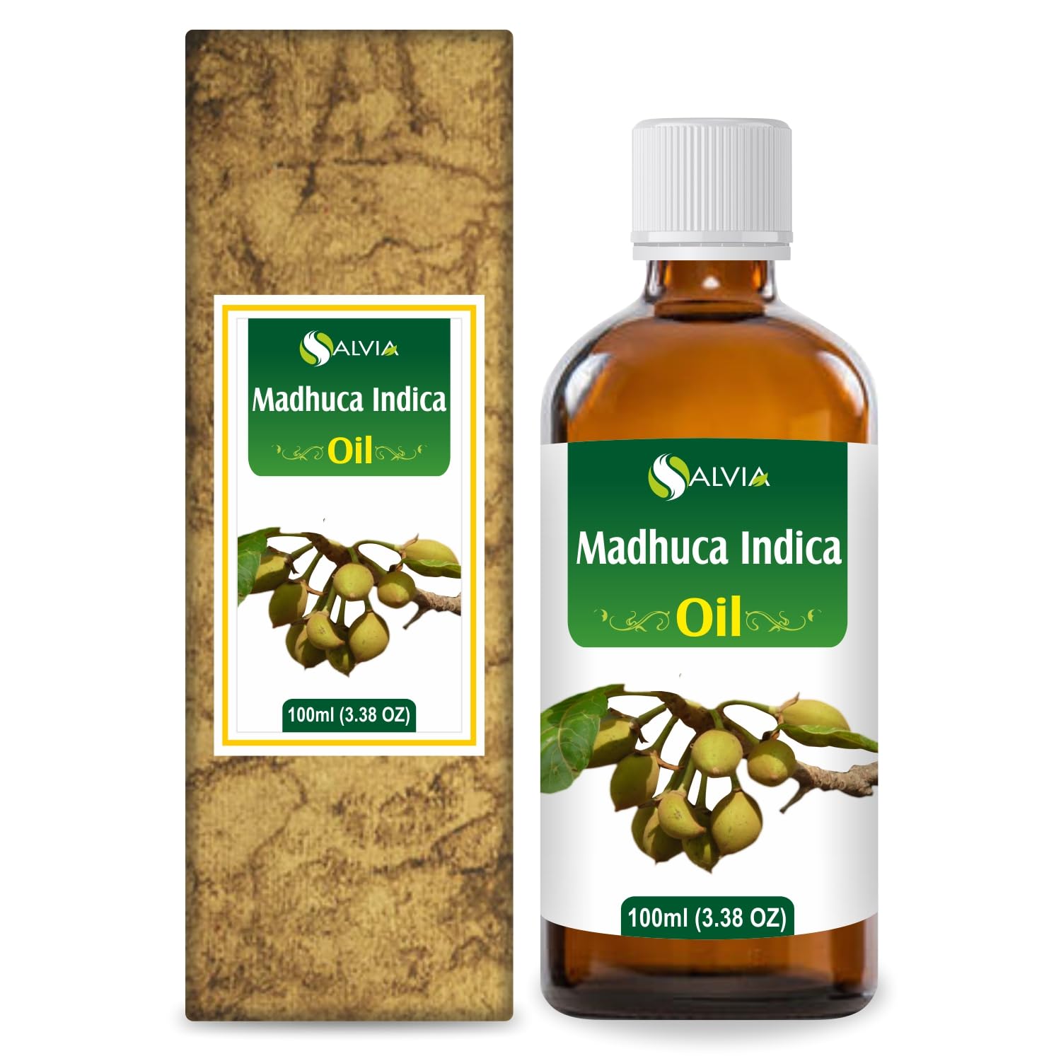 Salvia Madhuca Indica Oil bottle—natural carrier oil for skin care and aromatherapy.