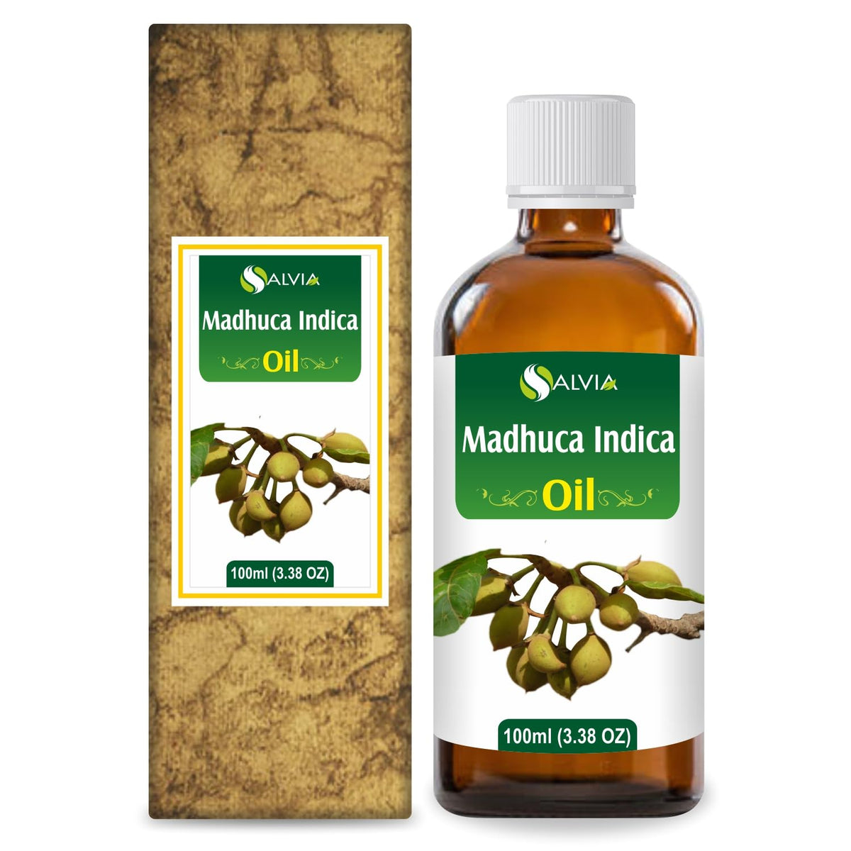 Salvia Madhuca Indica Oil bottle—natural carrier oil for skin care and aromatherapy.
