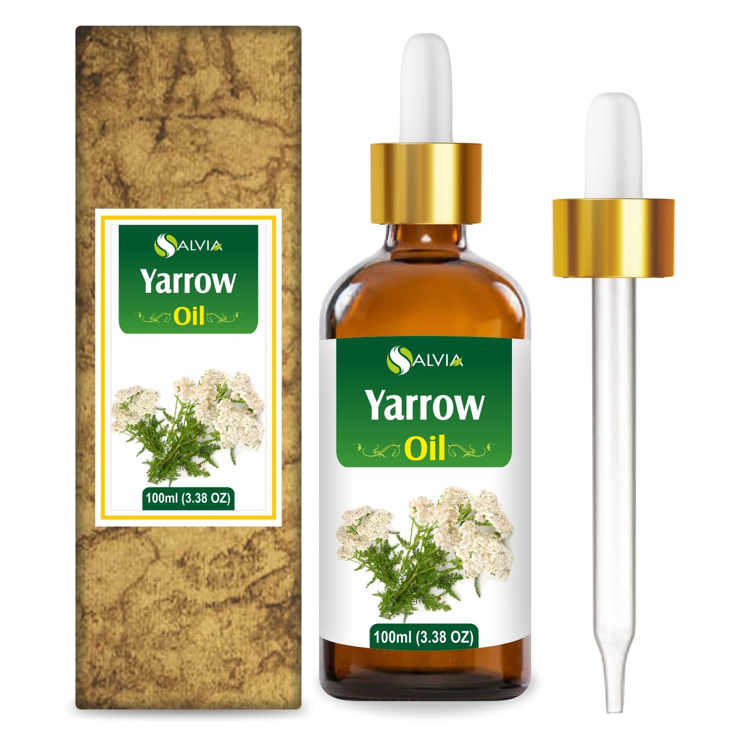 Salvia Yarrow Essential Oil bottle closeup for calming aromatherapy use.