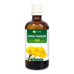 Salvia Yellow Marigold Oil flowers closeup highlights sunny natural fragrance for blending.