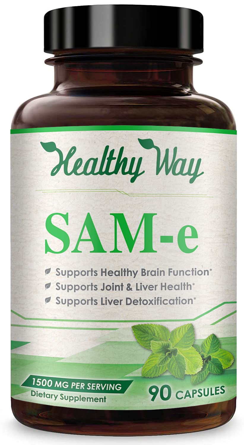 HealthyWayRx SAM-e 1500mg supplement bottle for joint, brain, liver, and mood support