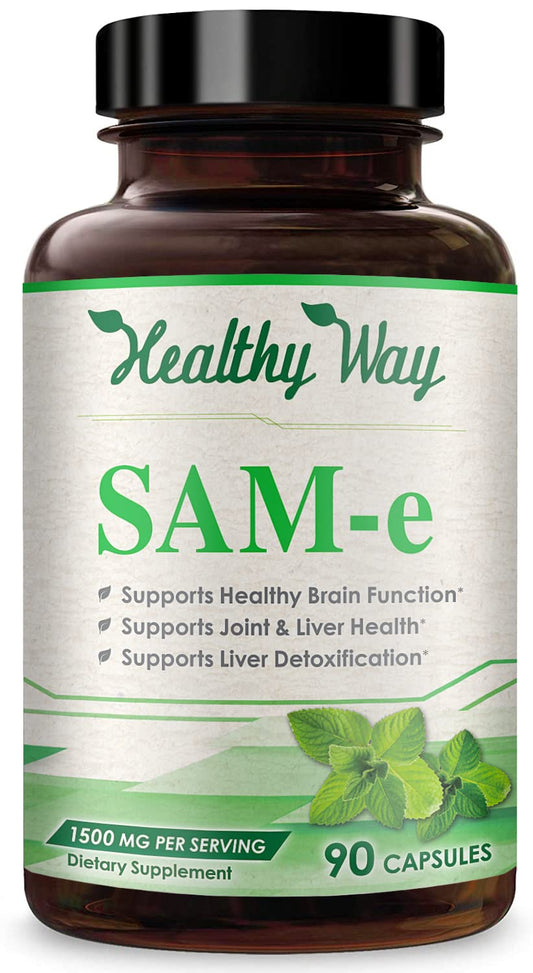 HealthyWayRx SAM-e 1500mg supplement bottle for joint, brain, liver, and mood support