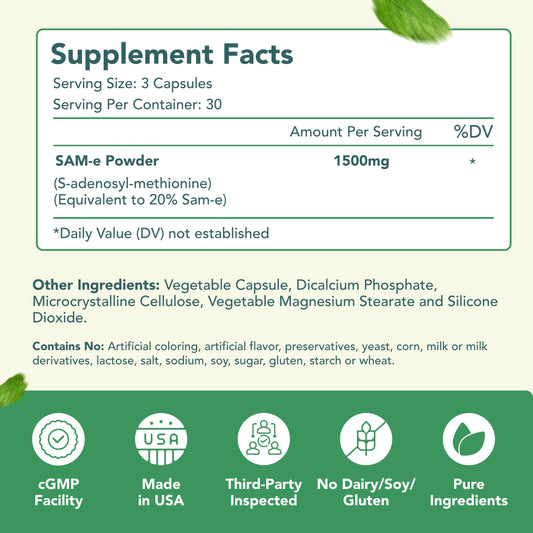Close-up label of HealthyWayRx SAM-e 1500mg showing Non-GMO and 90-count