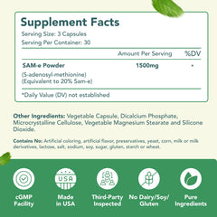Close-up label of HealthyWayRx SAM-e 1500mg showing Non-GMO and 90-count